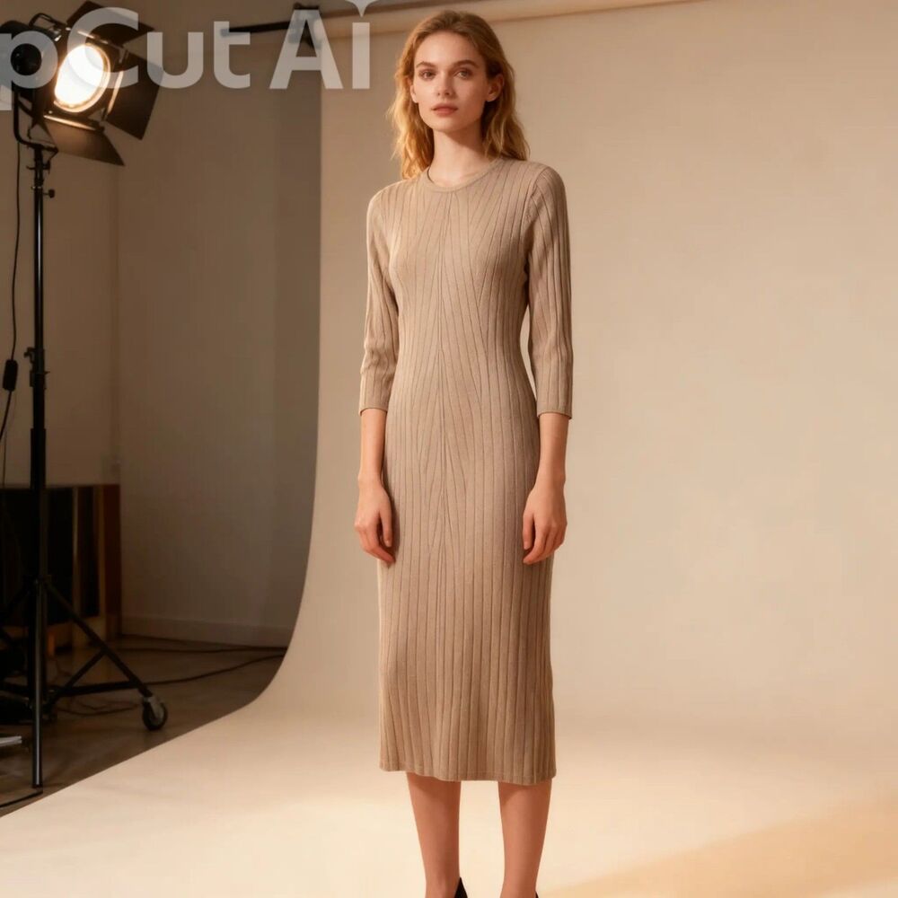 Torrid Beige Ribbed Knit Bodycon Sweater Dress Round Neck 3/4 Sleeve Midi 0